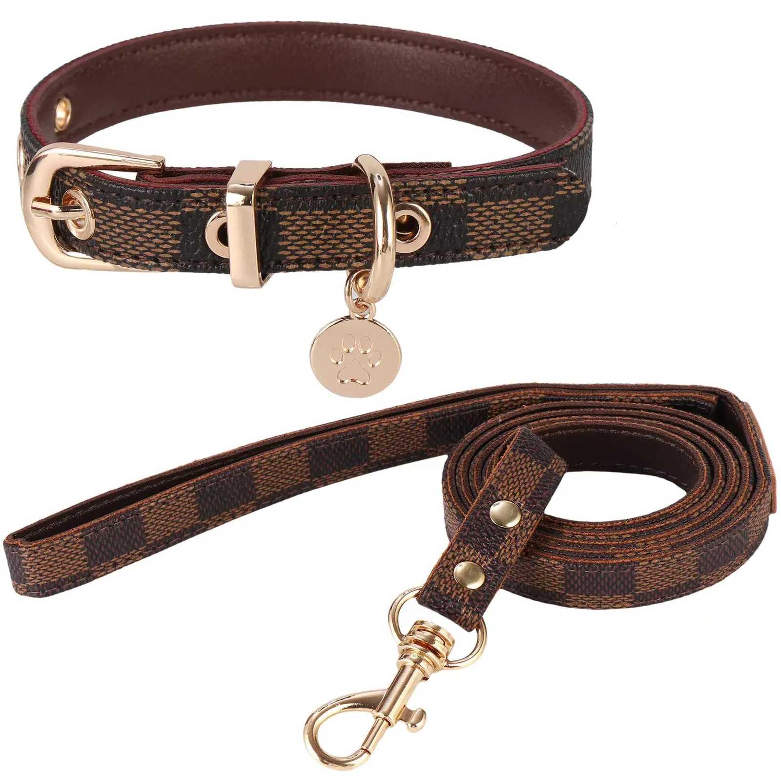 Dog Collars Leashes Leather Collar and Leash Set Adjustable Basic Check Pattern Durable Harness with Metal Buckle SuitablT260314 - view 3