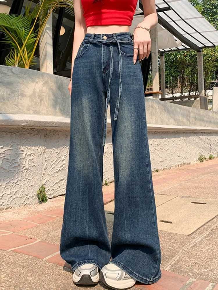 2026 Spring Summer New Womens High Quality Stretchy Jeans High Waist Drawstring Loose Floor-Length Flared PantsT260317