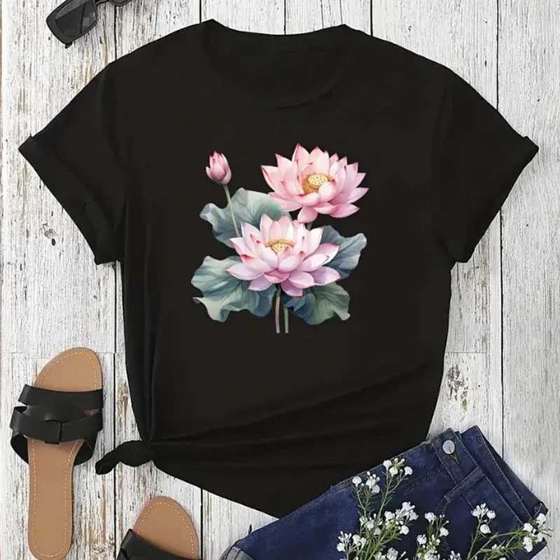 Trendy Lotus Flower Print Women T-shirt Streetwear Short Sleeves Tee Tops Summer Cute Woman Clothes Tops M260317