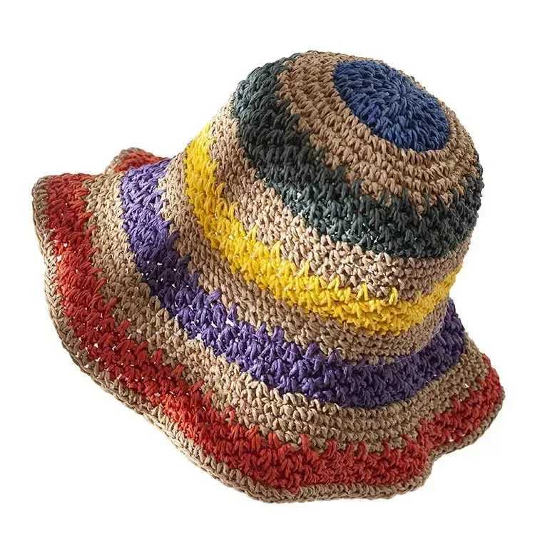 Rainbow Sun Hat Women Summer Striped Crochet Beach Bucket Hat Women Crochet Foldable Panama Hat Female Beach Sun Visor Cap H260317 - view 6