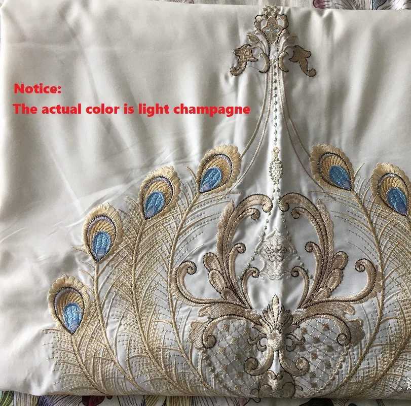 Luxury Gold Feather Embroidery Egyptian Cotton Champagne/Light Yellow Patchwork Duvet Cover Bed Sheet Pillowcases Bedding Set D260317