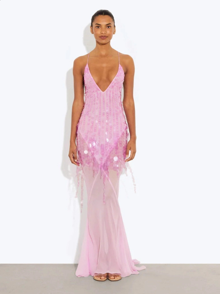 Holiday Sequin Lace See Through Long Dress Women Patchwork Sleeveless V-neck Lace Up Backless Party Dresses Yellow Robe 250604