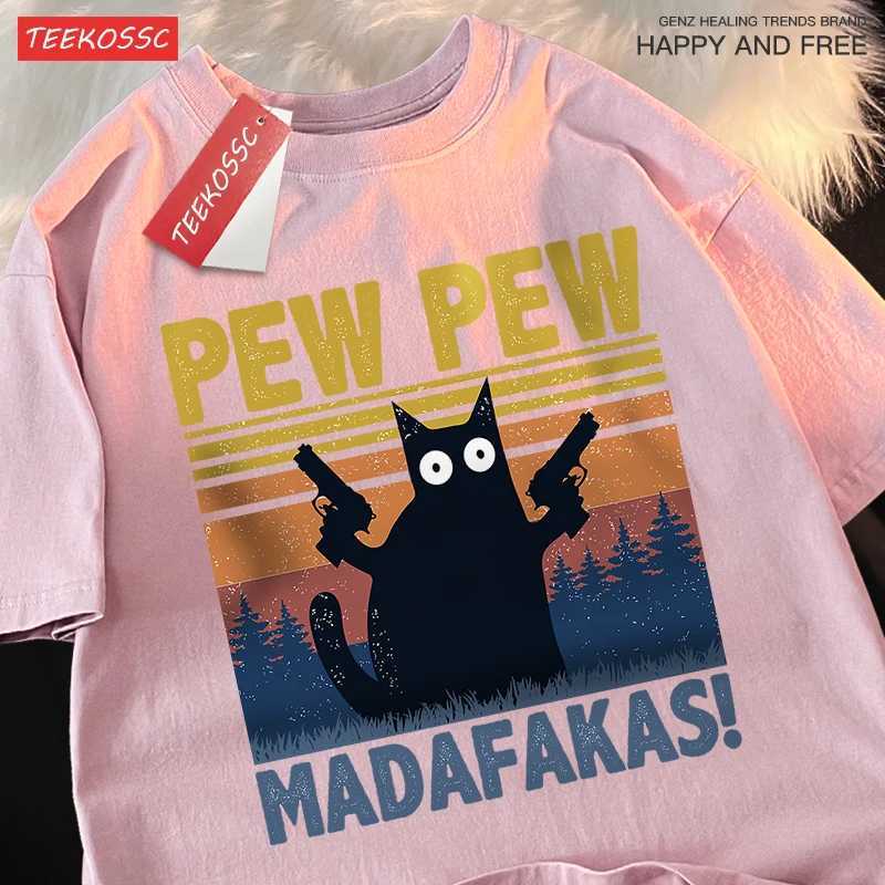 Pew Madafakas Double Gun Cat Short Sleeve Oversized Breathable T Shirts Cotton Summer Clothing Street Casual Tshirt Men M260317