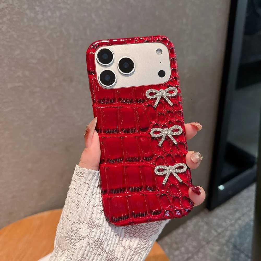 Luxury Diamond Bow Crocodile Grain Leather Phone Case For iPhone 17 11 12 13 14 15 16 Pro Max Shockproof Hard Protection Cover C260314
