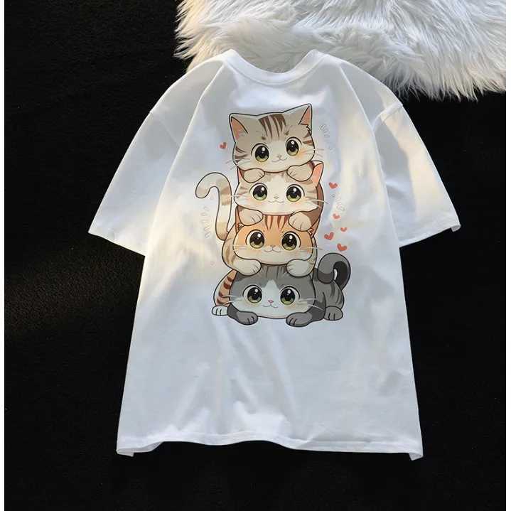 Cute Cartoon Cat Print Womens Round Neck Short Sleeved T-shirt Casual Loose Versatile Summer Tshirt M260317