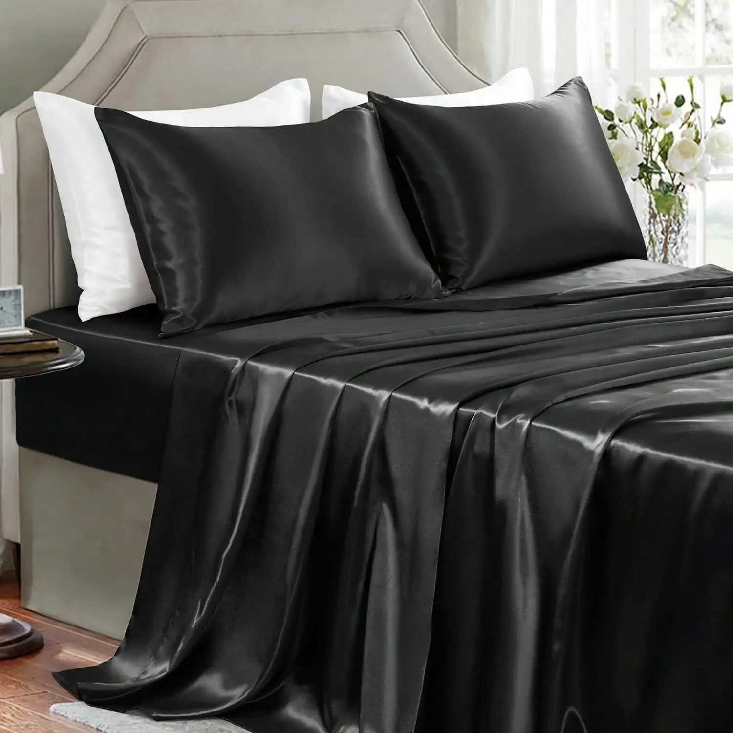 3/4Pcs Satin Sheet Se Silky Luxury Bed Set Soft Deep Pocket Sheets Cooling Bed Set 1 Fitted Sheet1 Flat Sheet1/2Pillowcase D260317