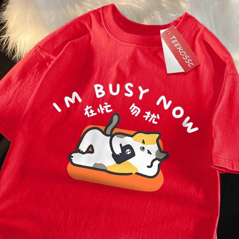 Im Bust Now Lying Flat Cat Print Japanese Style T Shirts Male Fashion Loose T-Shirts Casual O-Neck Tshirt Cotton Tees Tops M260317