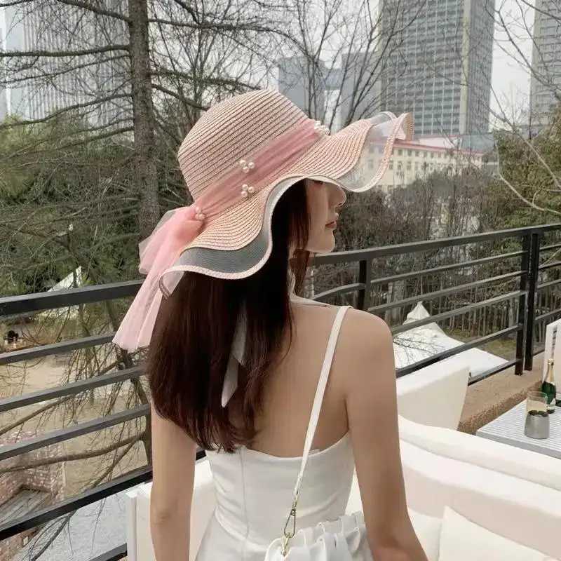 New Foldable Wide-brimmed Girl Straw Pearl Sun Hat Beach Wave Hat UV Protection Travel Hat Lady Beach Hat Birthday Gift H260317 - view 5