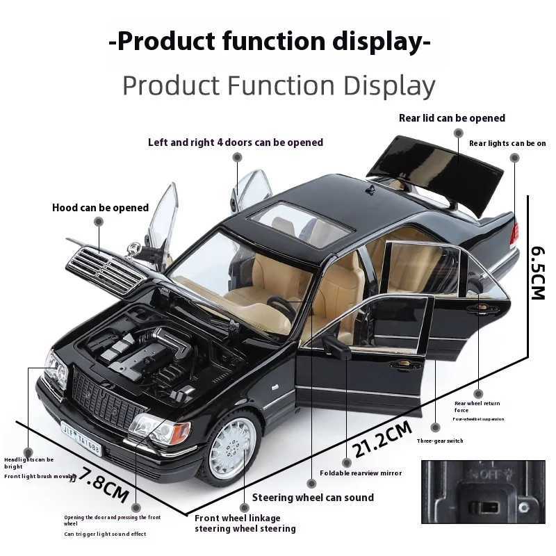 1/24 Alloy W140 320SEL Classic Limousine Alloy Diecast Model Car Sound light Desktop Decoration Gift For Friend Present D260317