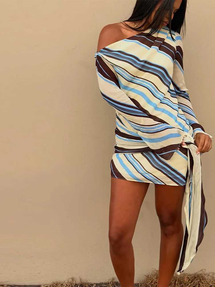 Chic One Shoulder Striped Resort Dress Women Contrast Tie Waist Full Slve Mini Dresses Female Boho Fashion Beach Lady Vestidos X260316