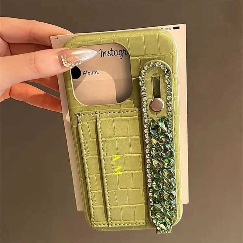 crocodile skin leather phone case cust Name for iPhone12 13 14 15 16Prax 16plusanti-fall card holder wristband diamond C260314
