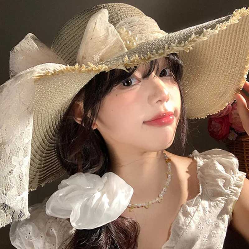 2026 Spring Summer Womens Lace Bow Grass Hat French Style Large Brim Sun Hat Casual Beach Hat Top Hat Outdoor Wear Accessories H260317 - view 4