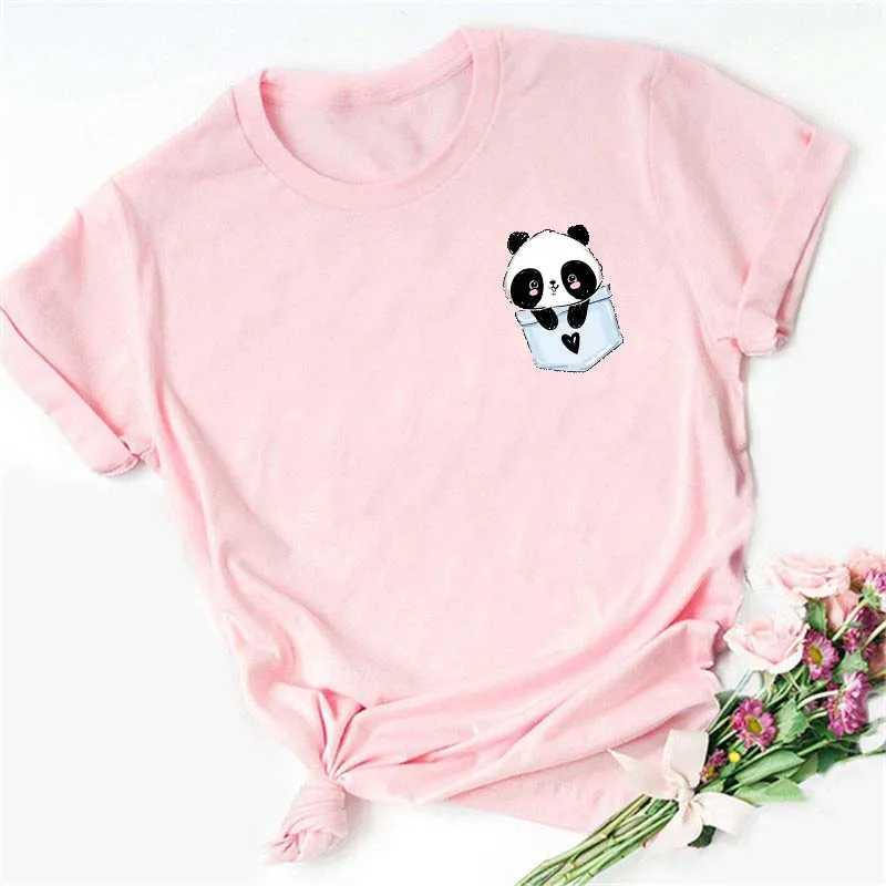 Maycaur Summer Women T Shirt Loose Tops Cute Panda Heart Print Short Sleeve Female Loose Casual T-shirt Ladies Top Tee M260317