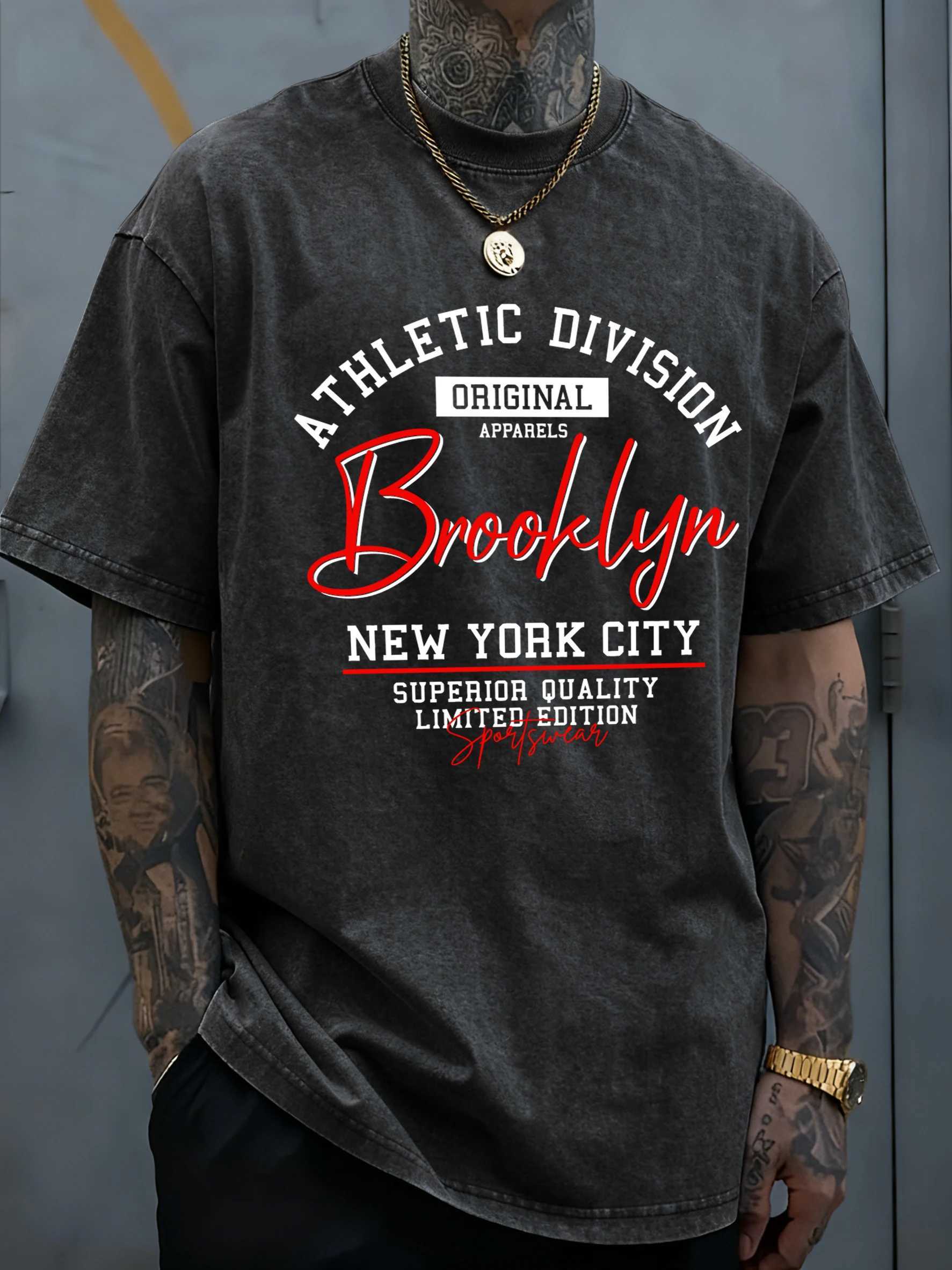 Brooklyn New York City Art Letter Print Man Washed T-Shirt Sport Summer T Shirt Cotton Loose Short Sleeve O-Neck Soft Sportswear M260317