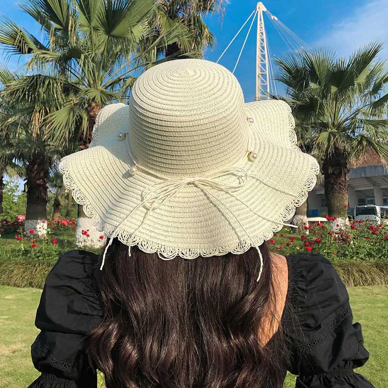 Girls Pearl Woven Straw Hat Children Sunshade Sunscreen Seaside Beach Hat Kids Outdoor Seaside Large Brim Sunscreen Straw Hats H260317 - view 4