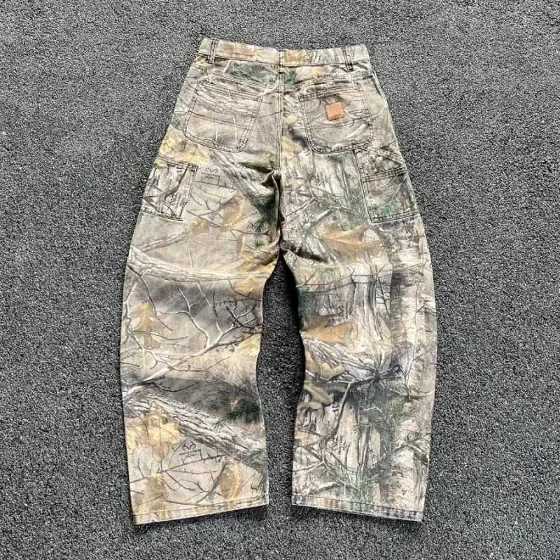 Mens Tree Branch Camouflage Jeans American Style Y2K Wide Leg Retro Loose Fashion Trend Street Straight Jeans Camo Pants Y2KT260316