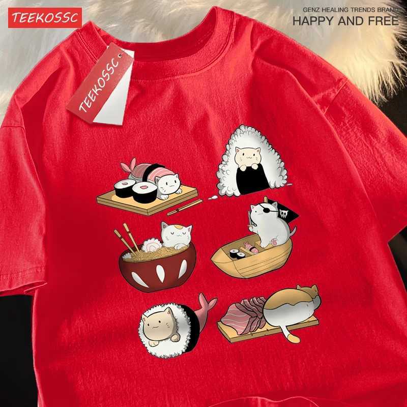 Cute Funny Sushi Cat Mens Tshirts Hip Hop Oversize T-Shirt Fashion Summer Tops Casual Loose Couple T Shirts Soft New M260317