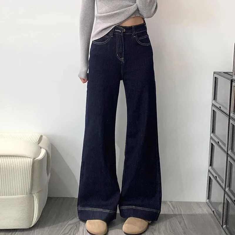 Women Dark Blue High Waist Jeans Pants Hot Sale s Straight Leg Denim Trousers Female Retro Solid Bell Bottom Pants M260317