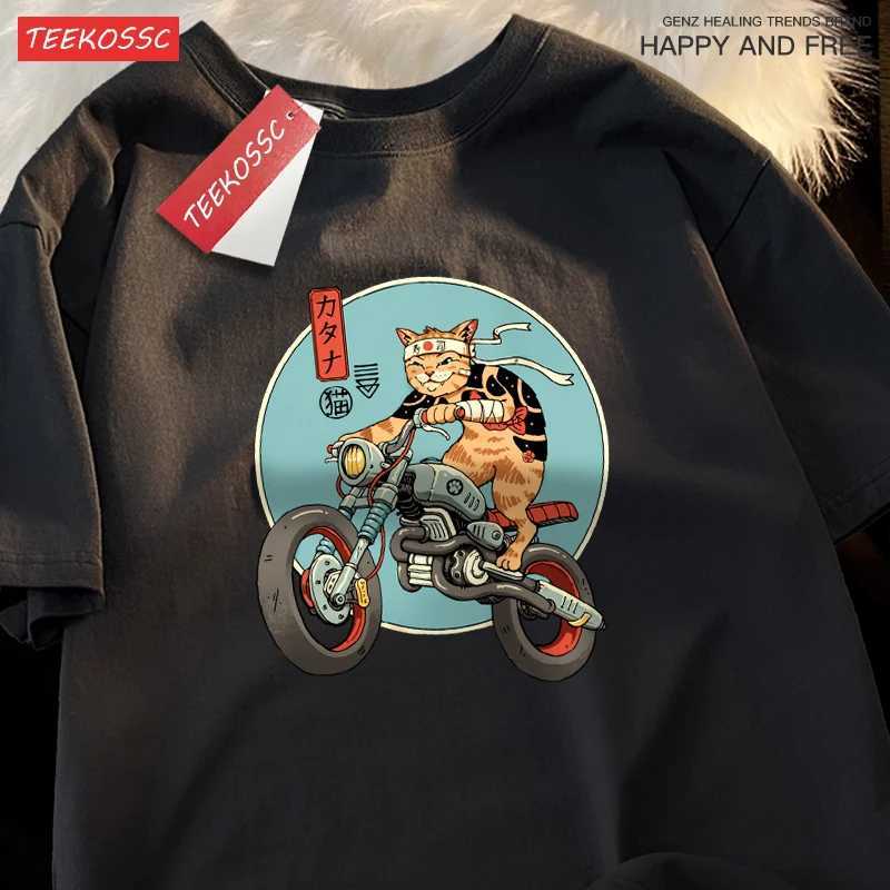 Japanese Harajuku Motorcycle Cat Tops Man Casual Oversize T Shirt Cotton Summer Casual Cartoon Crewneck Loose T Shirts Couple M260317