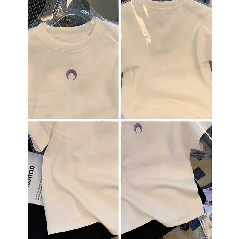 Womens White Moon Print Short Sleeve T-Shirt Summer Casual Round Neck Basic Tee Niche Fashionable and Versatile Top M260317