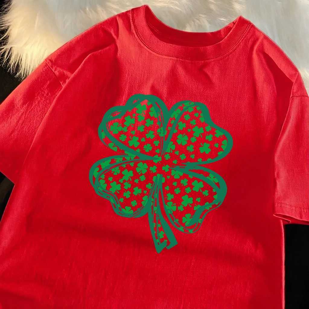 Four Leaf Clover Pattern Prints Basics T Shirt Men Summer O-Neck T-Shirts Comfortable Cotton Clothes Y2K Hip Hop Loose Top M260317