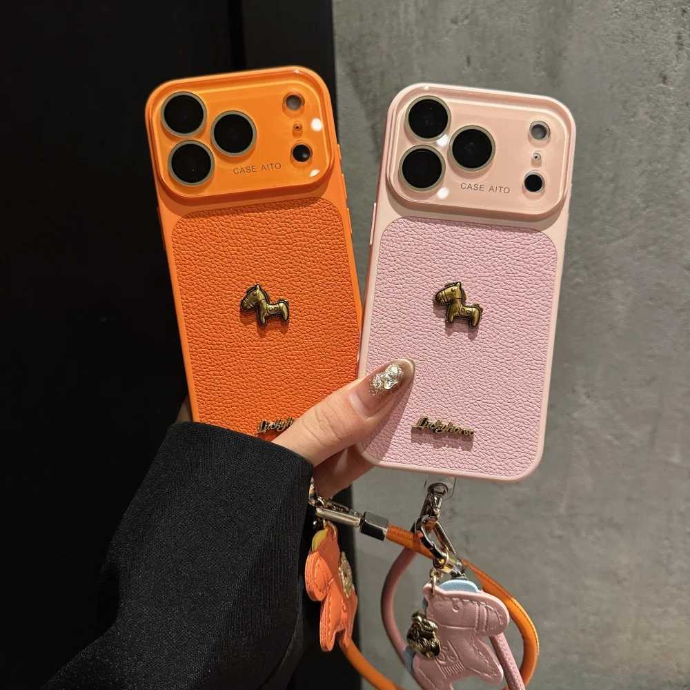 3D Metal Pony PU Leather Phone Case for iPhone 17 16 15 14 Pro Max Instant Conversion 17pro Lens Protection Wrist Strap Cover C260314
