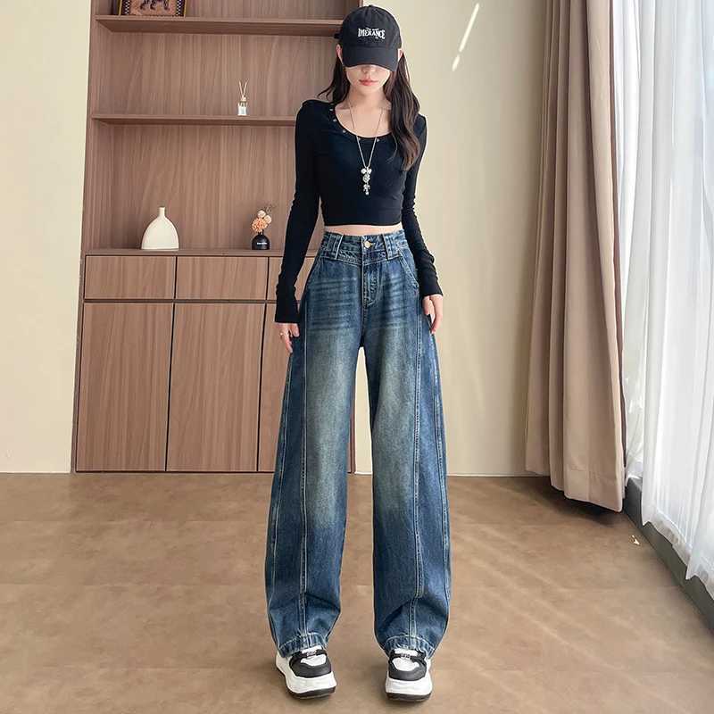 High Waist Loose Wide Leg Jeans Women Y2K Cotton Personalized Design Casual Straight Denim Fashion Tube Loose Plus TrousersT260317