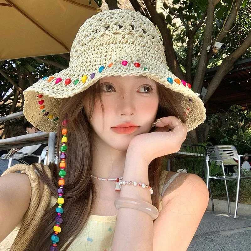 1Pcs Women Crochet Straw Bucket Hat-Colorful Beaded Sun HatTrendy Summer Beach/Outdoor Travel Headwear Hats for Women H260317 - view 5