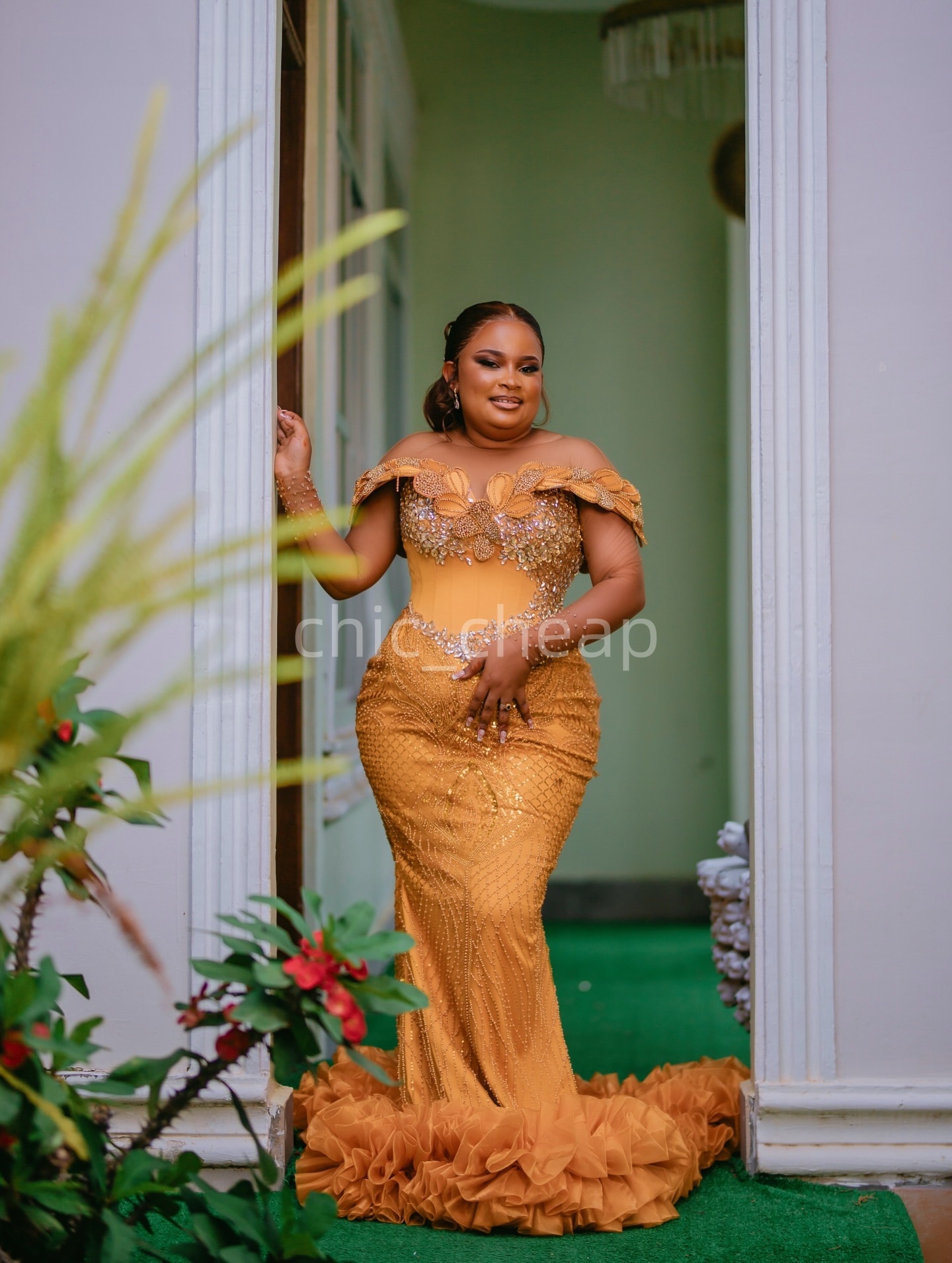 2K26 Gold Prom Dress 2026 Mermaid Prom Dress Florals Crystals Sheer Neck Sequined Evening Dresses Birthday Party Formal Receiption Gowns Dresses ZJ064