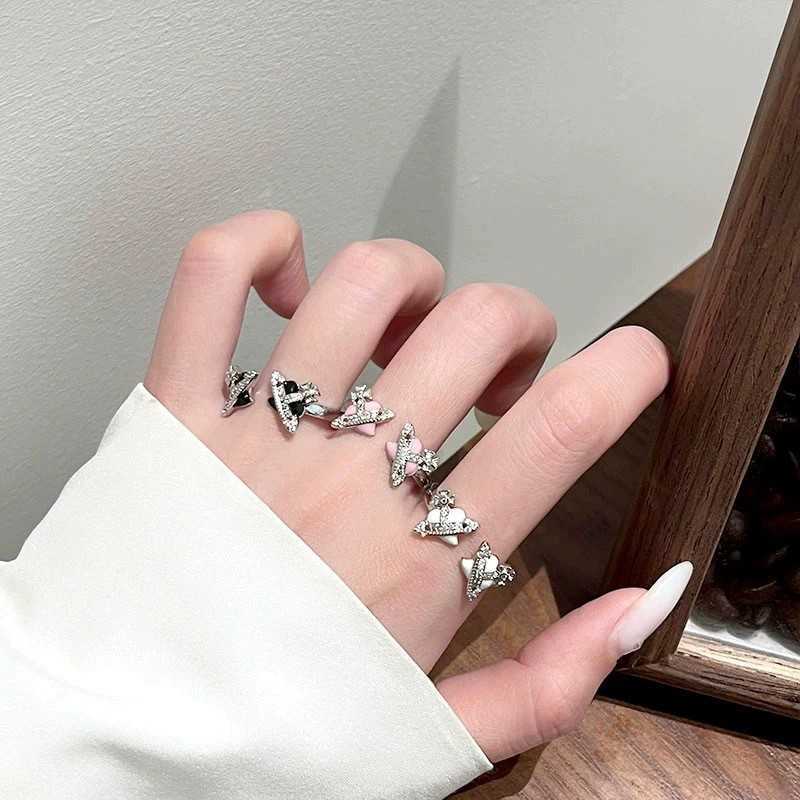 Empress Dowager New niche personality Saturn diamond double planet ring for women with stacked tidal rings and tail rings H260317