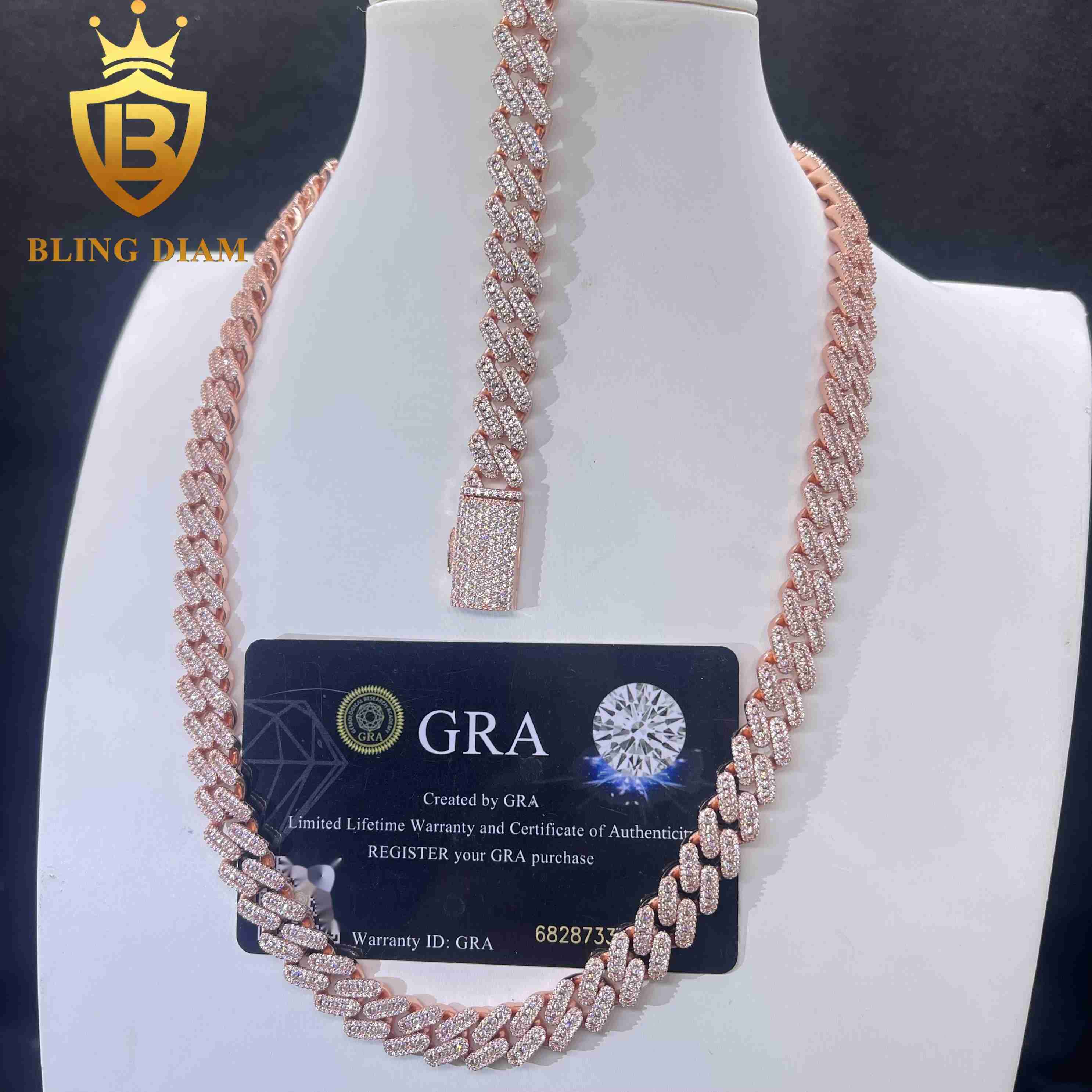 10mm Hip Hop Jewelry Miami Rose Gold Cuban Link Chain Moissanite Iced Out 925 Sterling Silver Necklace Bracelet Set for Men
