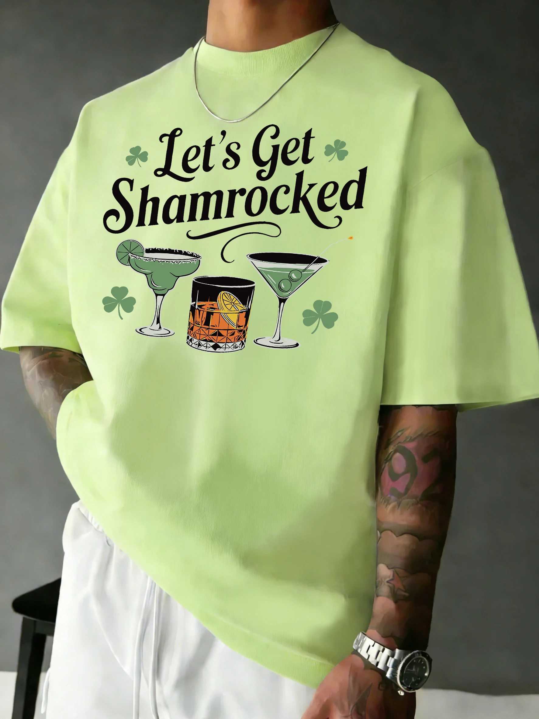 LetS Get Shamrocked Greenprint Man Fashion Simple T-Shirt Casual All-Match Streetwear Cotton Loose Top Sport O-Neck T Shirt M260317