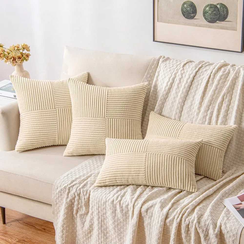 Beige Throw Pillow Covers 18inch Pillowcase Solid Corduroy Striped Cross Patchwork Textured Cushion Covers Home Decor for Couch D260317