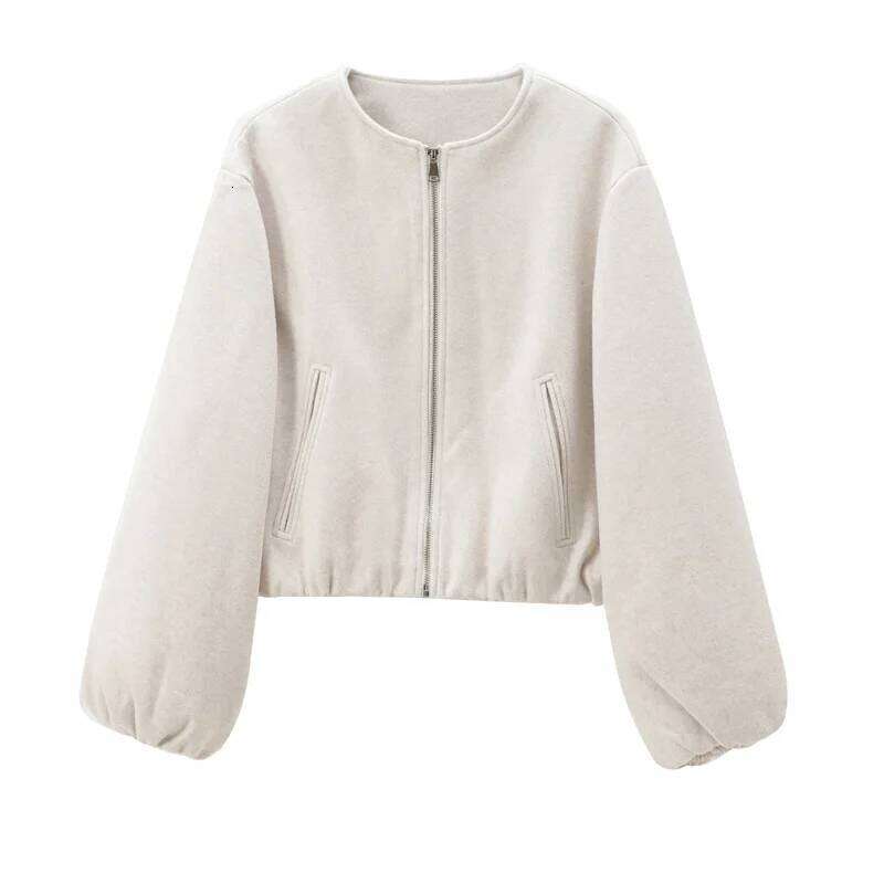 HXAO Outerwears Cropped Bomber Jacket Women Autumn Long Sleeve Faux Wool For Woman Winter Zip Up Gray Beige Short Coats
