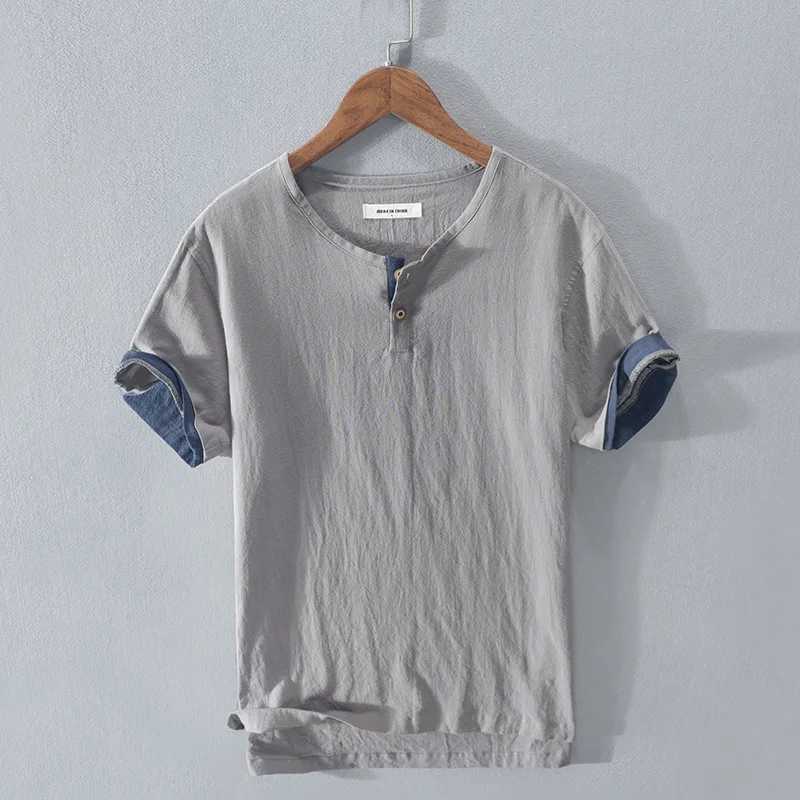Loose Oversized Cotton Linen Short-sleeved Mens T-shirt Collar Buckled Half-open Shirt Korean Fashion Men Clothing 2020 New M260317