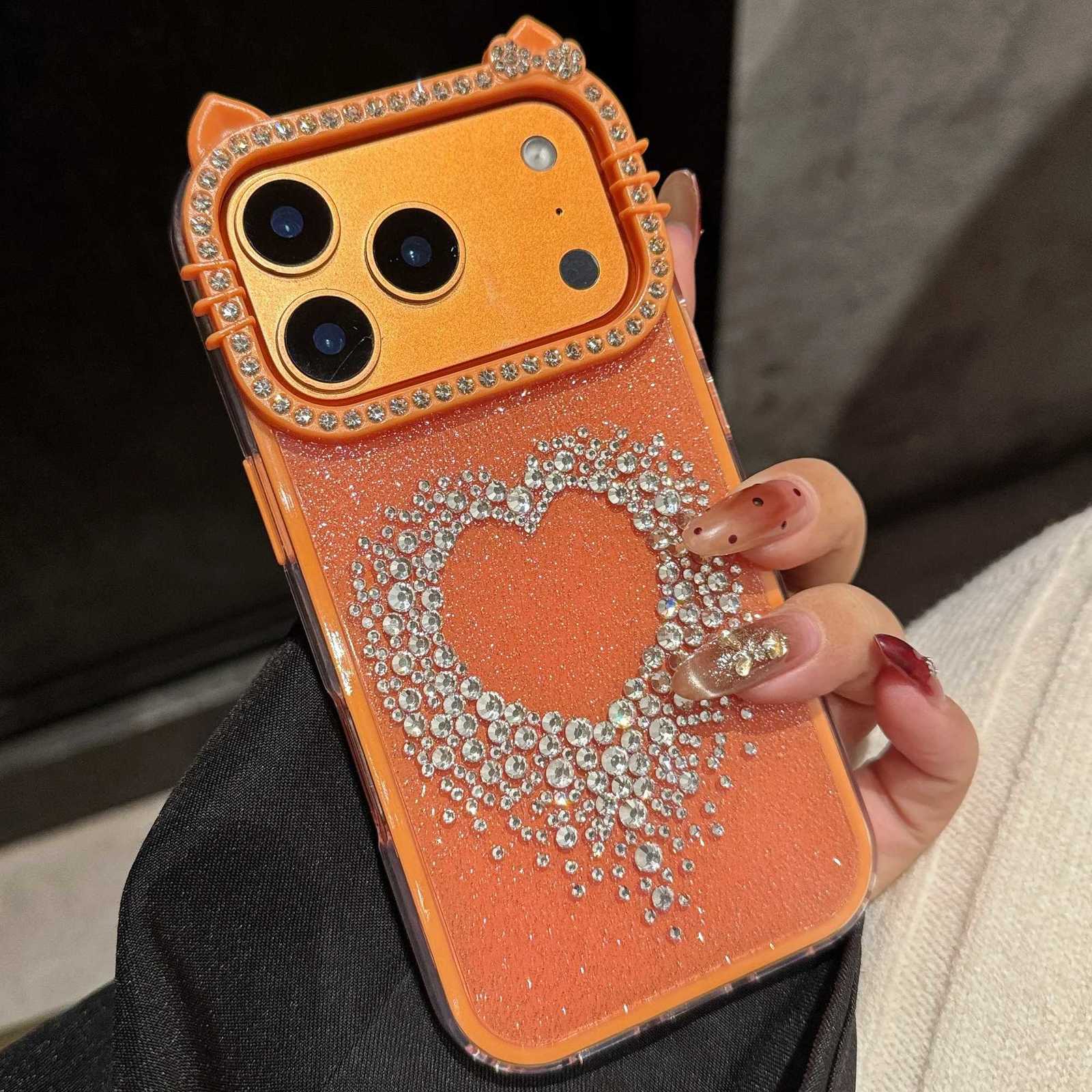 Diamond Cat Ear Cover Funda For iPhone 17 Pro Max 16 Pro Rhinestone Cases For iPhone 15 Prax 14Pro 13Pro Shockroof Case C260314