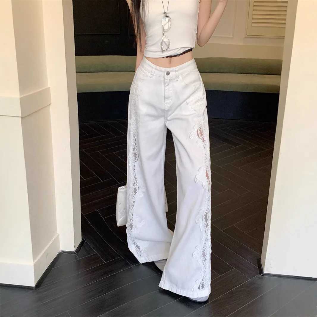 High Waist Wide Leg Jeans Womens Faion Lace Patchwork Straight Cut Denim Pants Retro Sle Four Seasons Pure ColorT260317
