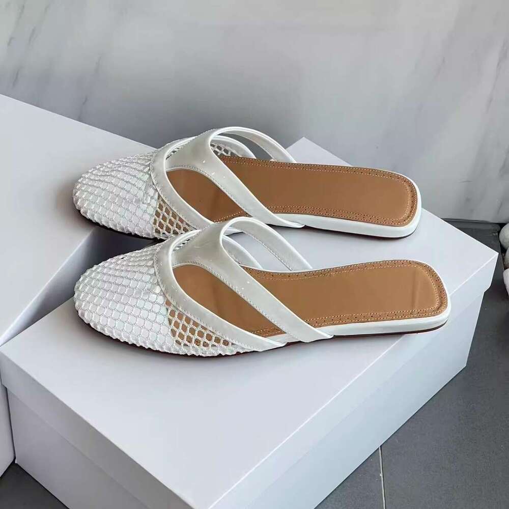 Women Supplies Spring New Fishnet Hollow Out Breathable Flip Flop Sandals With Closed Toe And Flat Sole