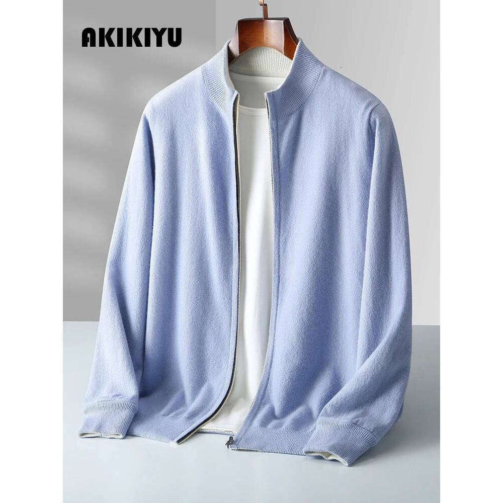 New Luxury Men Zipper Cardigan Cashmere Sweater Autumn Winter Thick Smart Casual 100% Merino Wool Knitwear Double Sided Wearable AKIKIYU