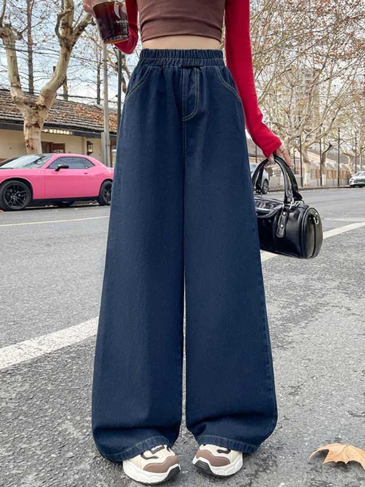 2026 Spring Summer Women Jeans Vintage Washed Spliced Elastic Waist Loose Female Tide Full-Length High Waist Wide Leg PantsT260317