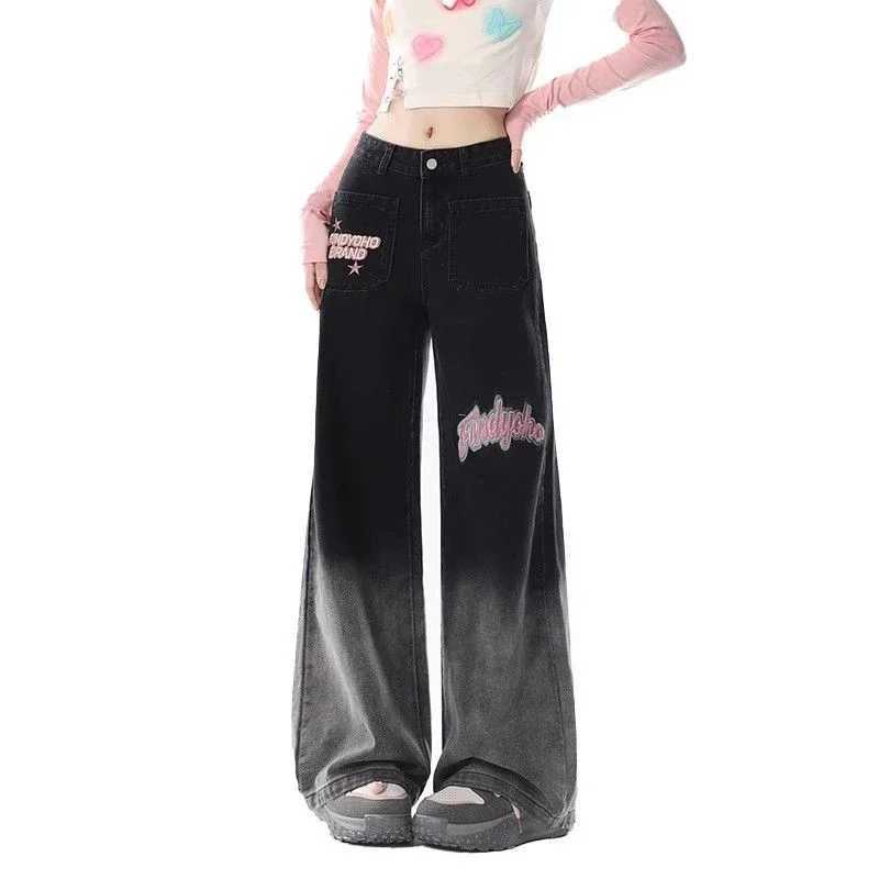 Woman High Waist Streetwear Thicken Wide Leg Jeans Female Fashion Punk Baggy Pants Lady Gothic Black Grey Thermal Denim Trousers M260317