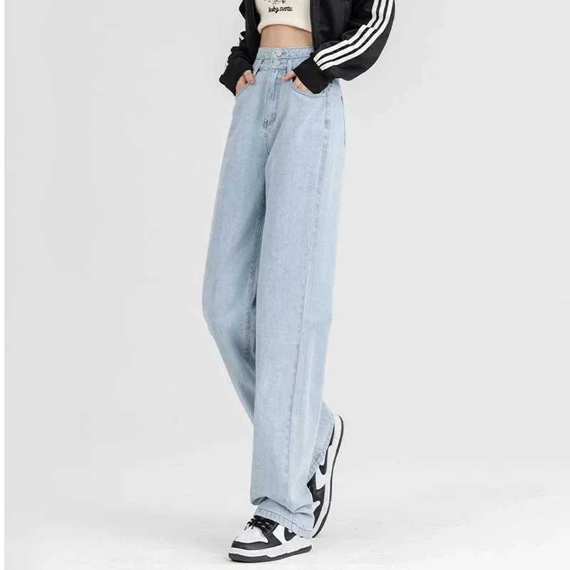 New Woman Chic Double Buckle High Waist Jeans s Casual Baggy Wide Leg Pants Lady Korean Designer Straight Leg Denim Trousers M260317