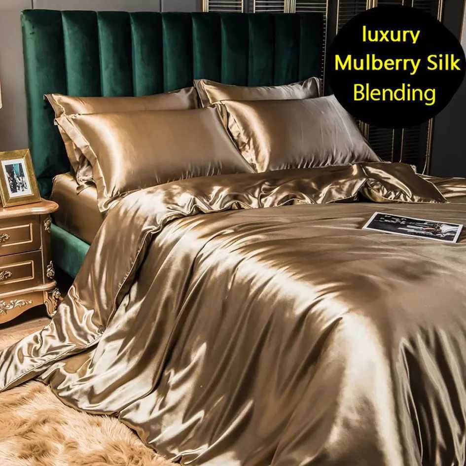 Mulberry Silk Bedding Bed Sheet Duvet Cover Fitted Full Bedspreads Sets Double-sided Four-piece Set Satin Summer Bedroom Linens D260317