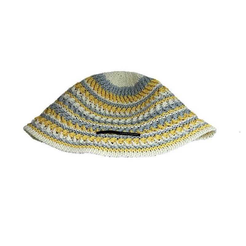 Ladies Bucket Hat Korean Knitted Striped Verstaile Hollow Out Breathable Caps Beach Vacation Sunscreen Sunshade Hats For Girl H260317 - view 6