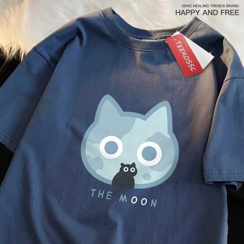 The Moon Blue Cat Fun Japanese Style Men Women T-Shirts Cotton Oversized Short Sleeve Shirt Loose T-Shirt Breathable Casual Tops M260317