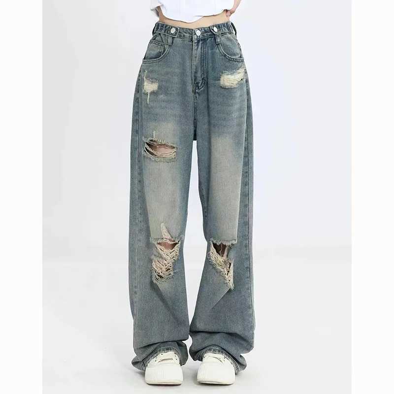New Blue Ripped s Straight Leg Jeans Female Korean High Waist Casual Denim Trousers Lady Fashion Designer Baggy Pants M260317