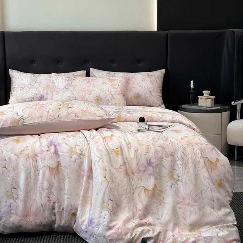 Luxury Organic Bamboo Silky Bedding Set Vintage Flat Bed Sheets Duvet Cover Pillowcases Rural Style Queen King Size Bed Linens D260317