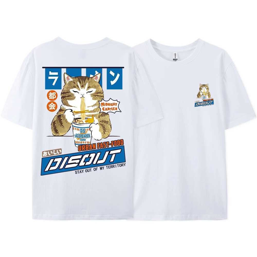 Harajuku Cat Cartoon Eating Noodles Graphic Men Women Tshirts Casual Short Sleeve Tees Japan Style Oversized S-XXXL T Shirt Tops M260317