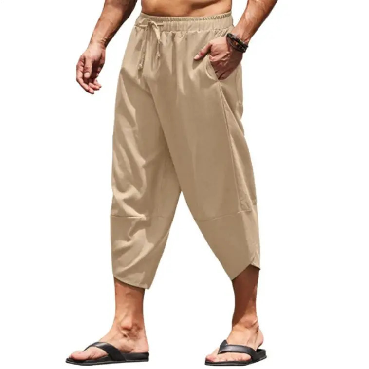 Men Summer Solid Color Pants Harem Shorts Men Elastic Waist Drawstring 3/4 Length Cropped Trousers Baggy Sweatpants260302