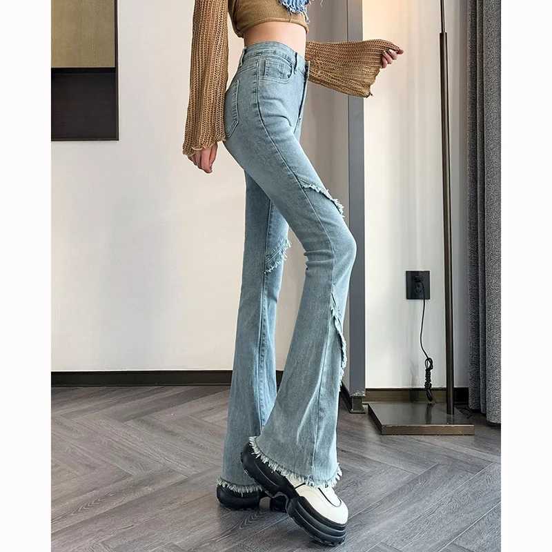 s Chic Raw Edges Straight Leg Flared Jeans Lady High Waist Solid Denim Pants Hot Sale Women Fashion Casual Trousers M260317